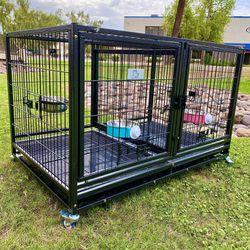 🌸 New 42” Double Dog Kennel w/ Metal Floor, Bowls, Tray & Casters, Slide-In Divider 🐶 please see dimensions in second picture  🐶