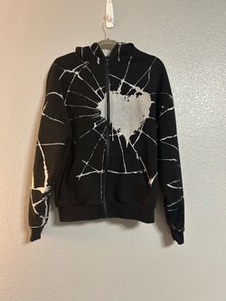 Men’s black sliver gray heart spiderweb graphic Oversized Zip Hoodie size small