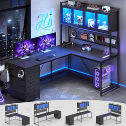 L Shaped Gaming Corner Desk with Drawers, Hutch and Storage Shelves