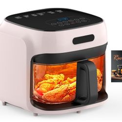 Brand New Glass Air Fryer, 7.6QT with Transparent Fry Bowl, Circulating Heating, Temperature Control, Air Fryer Roast, Dishwasher Safe (Pink)