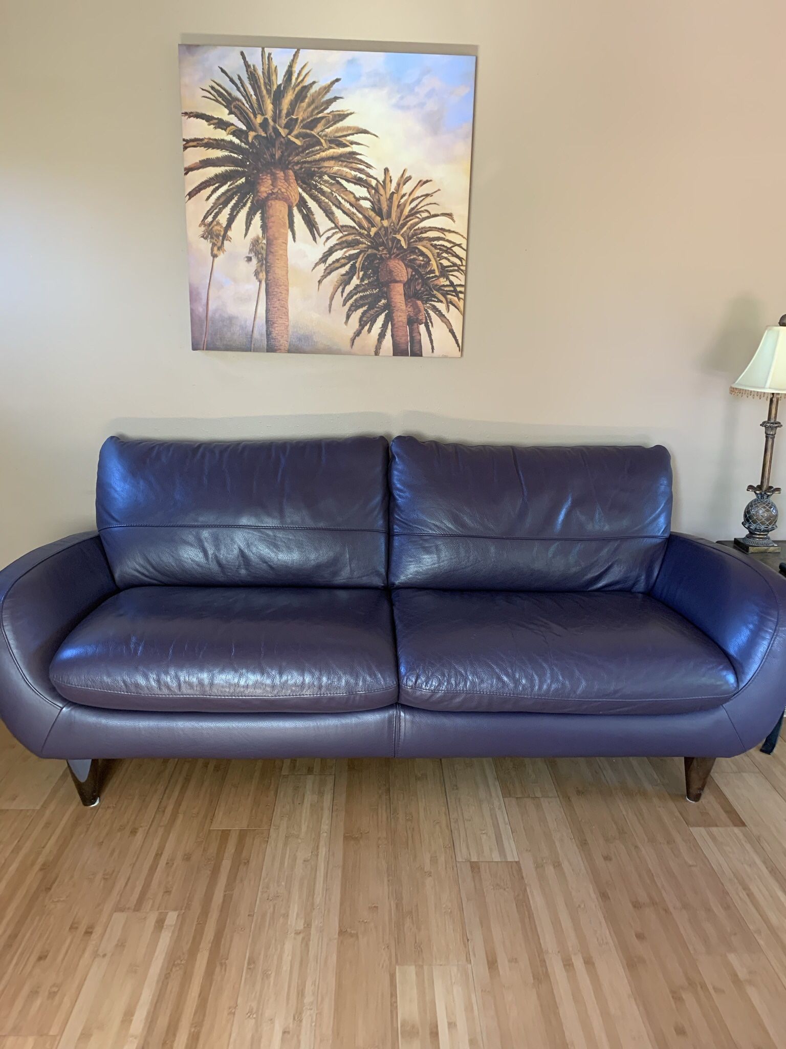 Purple Leather Chair, Sofa And Hassock