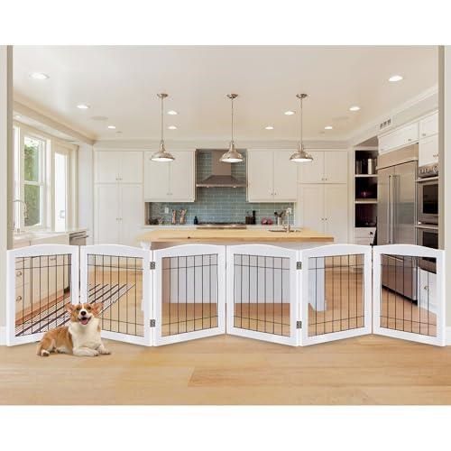LZRS 6-Panel each is 24” H and 20” W Extra Wide Wooden Freestanding Dog Gate: Foldable Solid Wood and Steel Wire Chew Resistant Safety Barrier for Doo