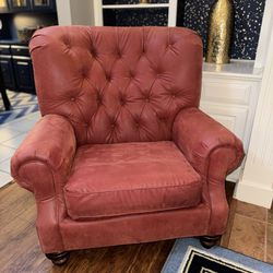 Red embossed faux leather tufted chair, like new!
