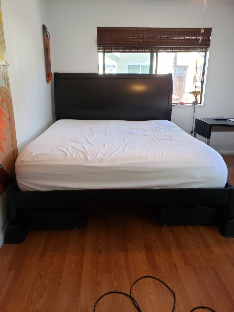 $300 OBO: King Sleigh Bed, Mattress, 4 underbed drawers, Ikea corner desk, chair, bookcase