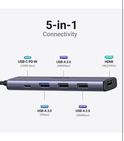 UGREEN Revodok 105 USB C Hub 5 in 1 Multiport Adapter 4K HDMI, 100W Power, 3 USB-A Data Ports, USB C Dongle for Apple MacBook Pro/Air, iPad Pro