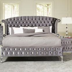 Cali King Velvet Grey Bed Frame And Dresser