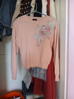 Pink Knit Sweater with Floral Embroidery