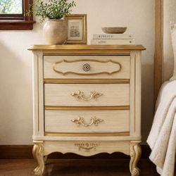 Vintage French Style Nightstand | Distressed Cream & Gold Accent | Elegant Bedroom Accent