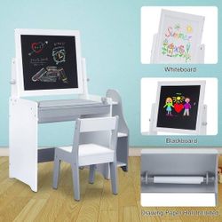 Kids Easel with 1 Paper Roll, Double Sided Children Easel Chalkboard, 3 in 1 Art Easel & Desk with Stool for Boys Girls Gifts