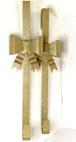 Vintage Christmas Glittery Gold Metal Bow Wreath Door Hanger Set of 2