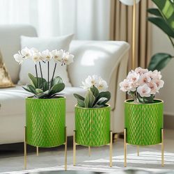 Growsun Plant Pots with Stands, Set of 3 - Indoor Flower Pots with Drain Holes & Rubber Stoppers, Includes Clear Plastic Nursery Pots - Stylish Modern