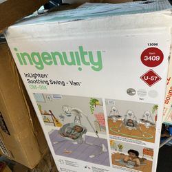 Ingenuity InLighten 5-Speed Baby Swing - Swivel Infant Seat, 5 Point Safety Harness, Nature Sounds, Lights - Van Elephant