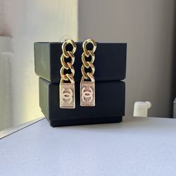 Authentic Chanel Gold CC Chain Dangling Post Earrings 
