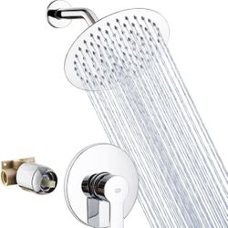 Shower Faucet Set Chrome Bathroom Rainfall Shower System Wall Mounted 8" Inch Shower Head and Handle Set Single Function Shower Trim Kit with Rough-in