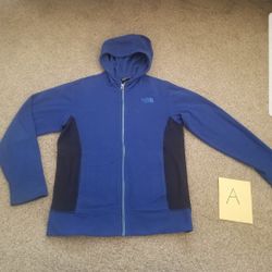 The North Face Size L 14/16 Kids/boys Hooded Zip Front Fleece Jacket. Blue and black, front pockets. 
