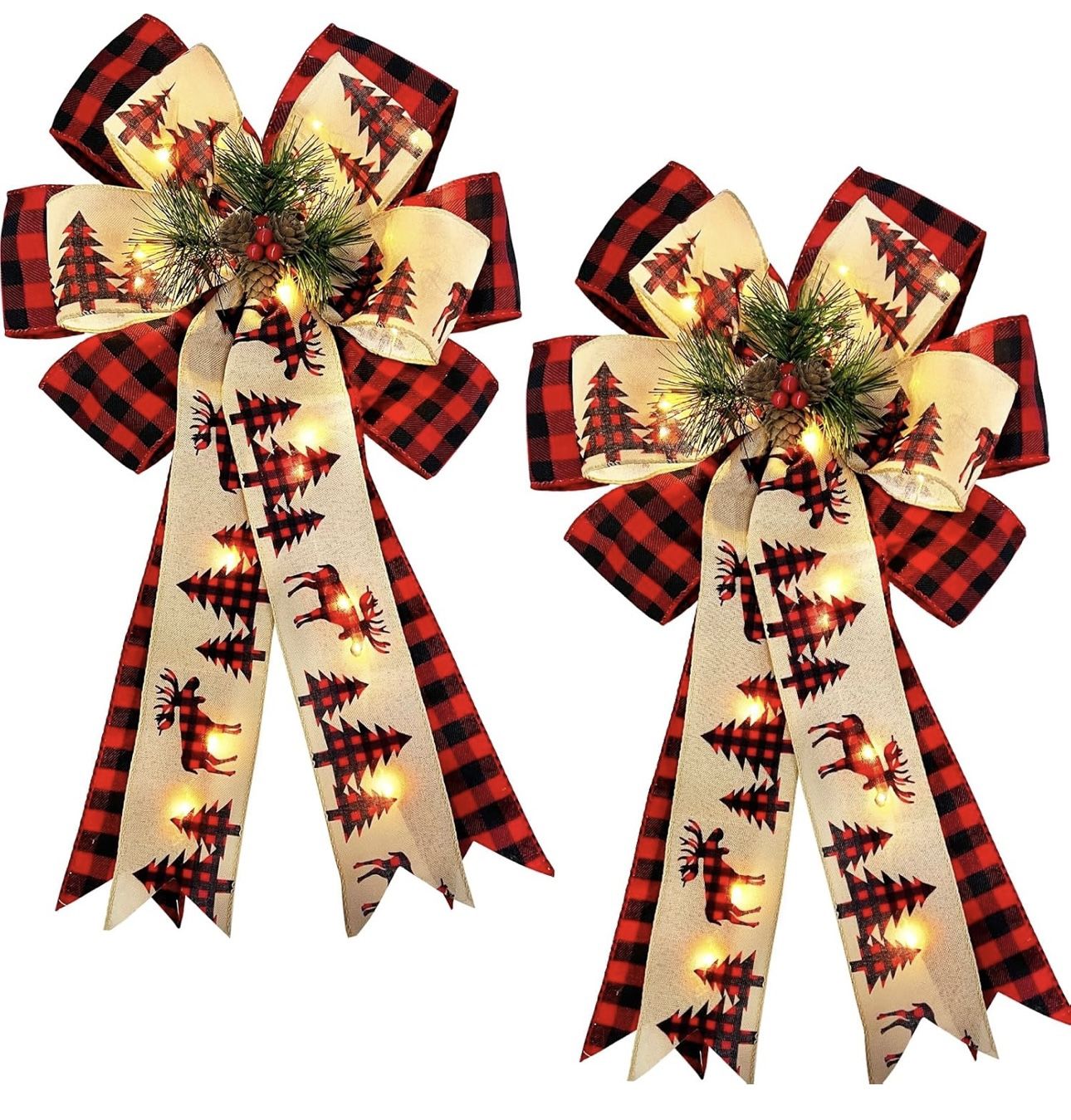 Prelit 2 PCS 20"x 11" Large Christmas Bows Decorations with 20 Lights Battery Operated Christmas Bow for Tree Topper Black Red Buffalo Plaid Elk Berry
