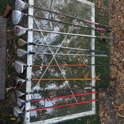 Clubs, Bag Holder. Assortment of Irons. 