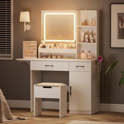 Dowinx Vanity Desk with Mirror and Light, Makeup Vanity with Power Outlet & Storage Stool, Vanity Table with 3 Drawers & 7 Open Shelves, Adjustable 3 