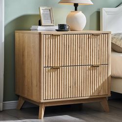 Modern Fluted Wood Night Stand, 30" Tall Bedside Table with 2 Drawers & Large Tabletop, Side Tables Bedroom, End Table for Living Room, Natural Oak