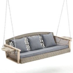 Homrest 3 Person Aluminum Wicker Porch Swing with Cup Holder and Cushions, Grey