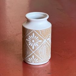 Large Beige & White Floral Ceramic Vase 9” Boho Mid Century Style