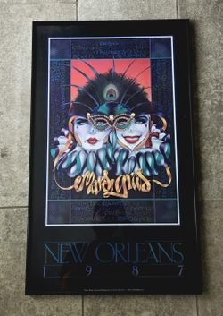 1987 Andrea Mistretta Mardi Gras Poster Framed Vintage Art Illustration