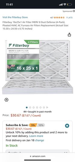 16x25x1 Air Filter 4 Pack 