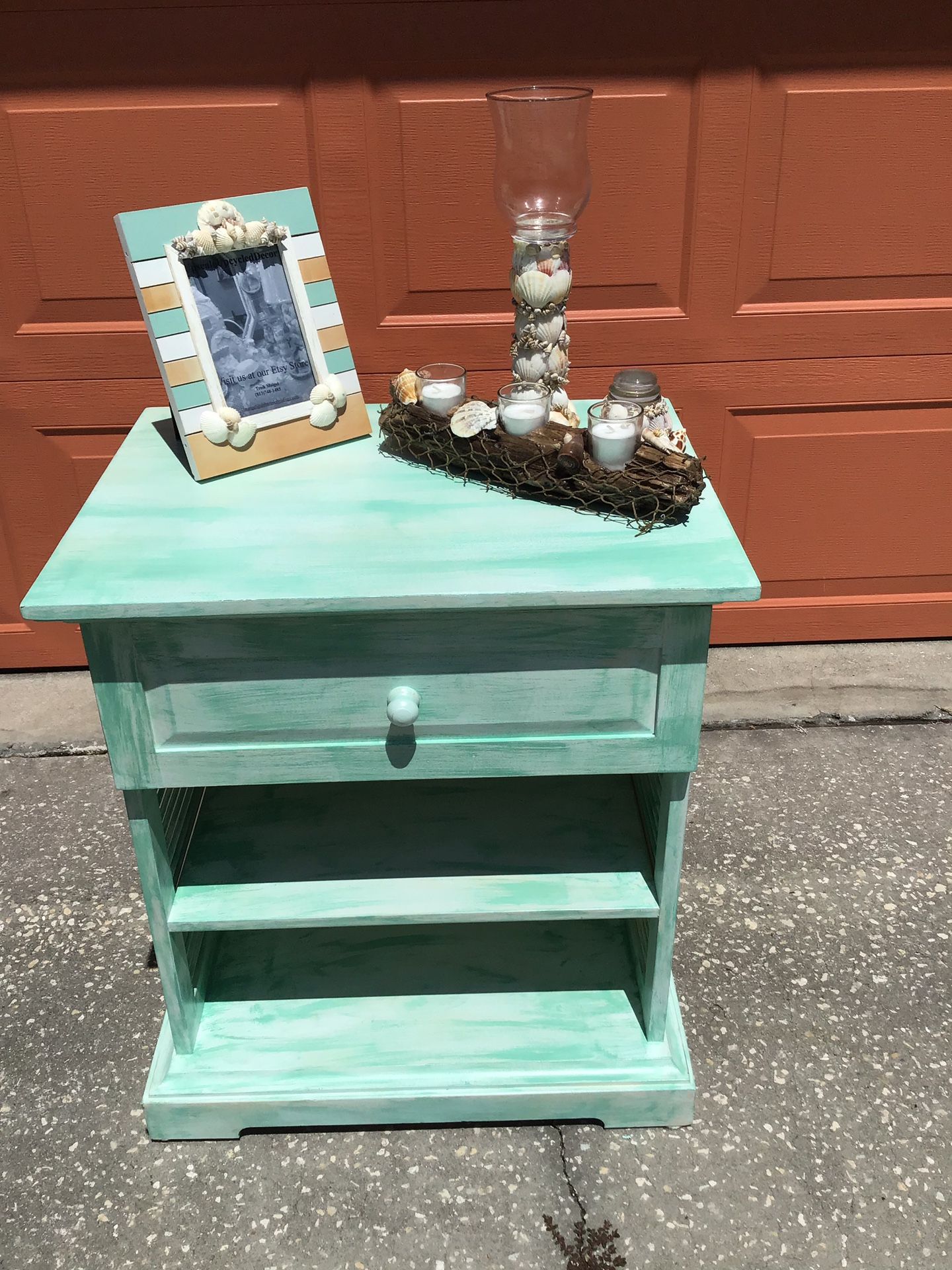 Coastal, shabby chic Pale aqua green shabby chic side table/cabinet/accent table/nightstand