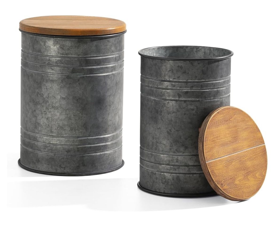 Glitzhome Rustic End Tables Set of 2, Farmhouse Galvanized Metal Barrel Ottoman Storage Stools