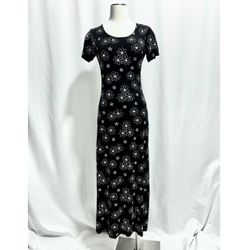 Black Maxi Dress w/ White Floral Print – Soft, Sheer, Short Sleeve, Size Small, Repaired Pit Area, Flowy & Versatile Wardrobe Staple