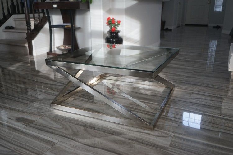 Ashley Furniture Modern Brushed Nickel Glass Coffee Table