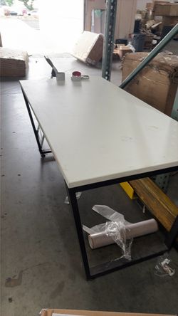 Modern White Marble-Look Desk / Table – Black Metal Frame