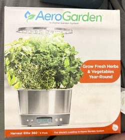 Brand new in box AeroGarden Harvest Elite 360 Indoor Garden Hydroponic System with LED Grow Light and Herb Kit, Holds up to 6 Pods, Platinum