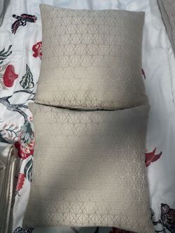 2 grey/beige chic throw cushions with metallic detailing