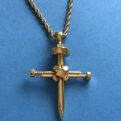 Cross Nailhead Design Pendant with Rope Chain- Gold on Stainless Steel *Pickup Boca Raton