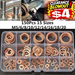 150PCS M5-M22 Copper Crush Washer Gasket Set Flat Ring Seal Assortment Kit USA