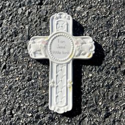 small ceramic cross with Jesus saying and hook on the back