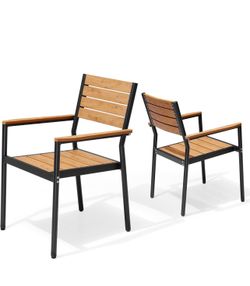 Pellebant Set of 2 Stackable Outdoor Dining Chairs – All-Weather Aluminum Patio Chairs with Arms – For Garden, Lawn, Deck, Porch, and Patio (Brown)