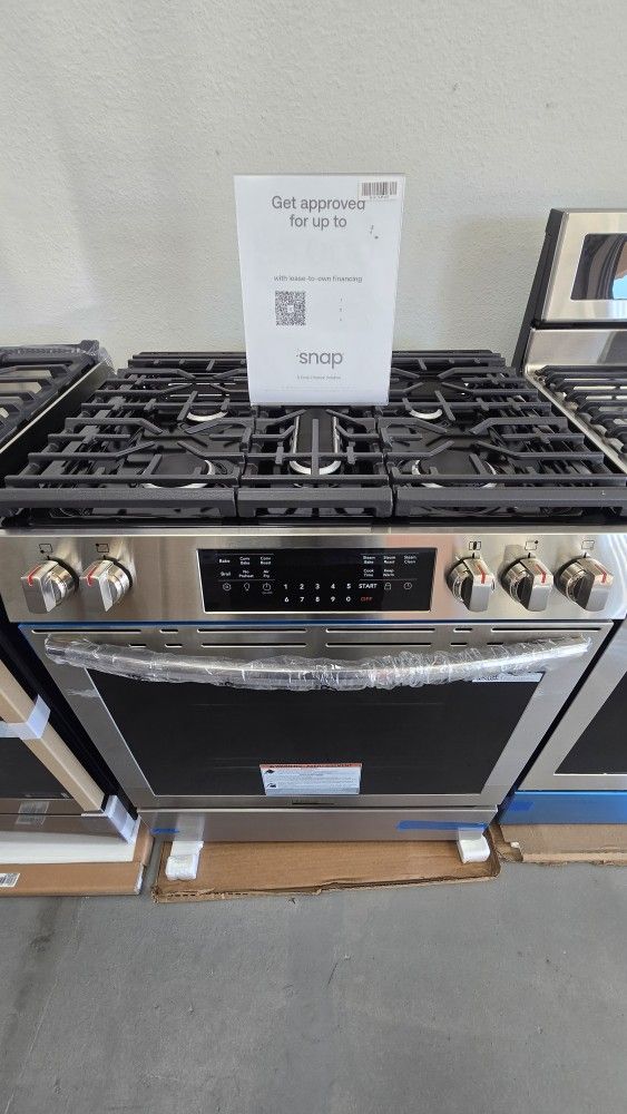 Frigidaire Gallery 30 In. 5-Burner Slide-in Front Control 30 Min Steam Ckeaning Gas Range W/Total Convection In Stainless Steel