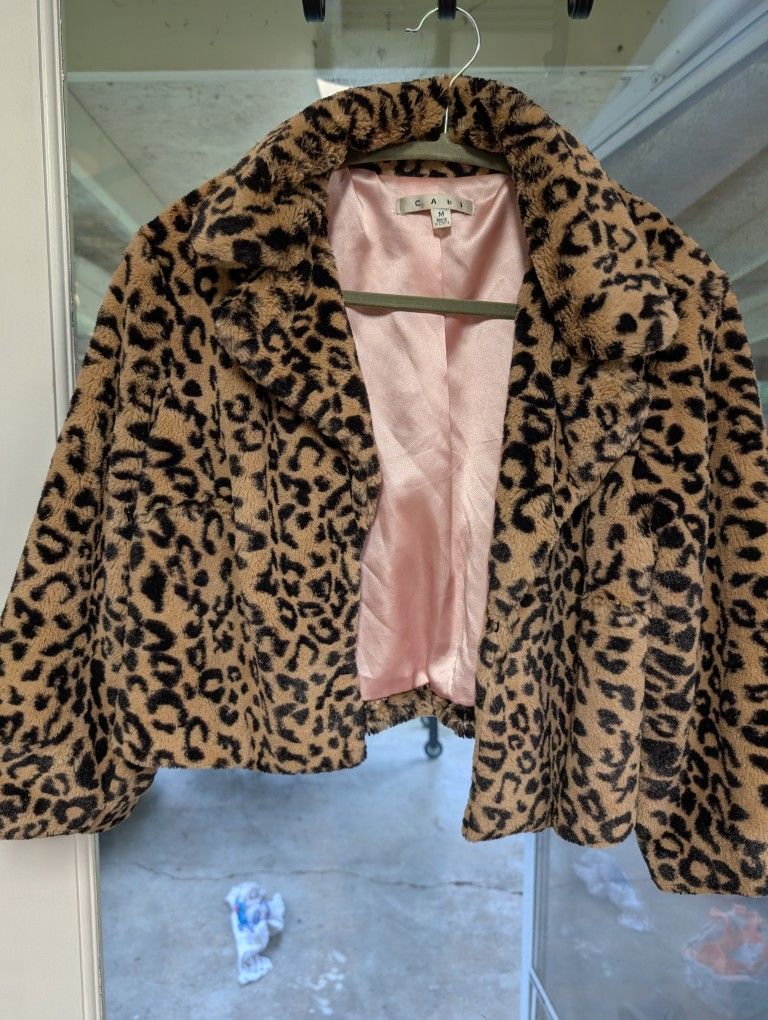 Cabi Faux Fur Leopard Print Cropped Jacket