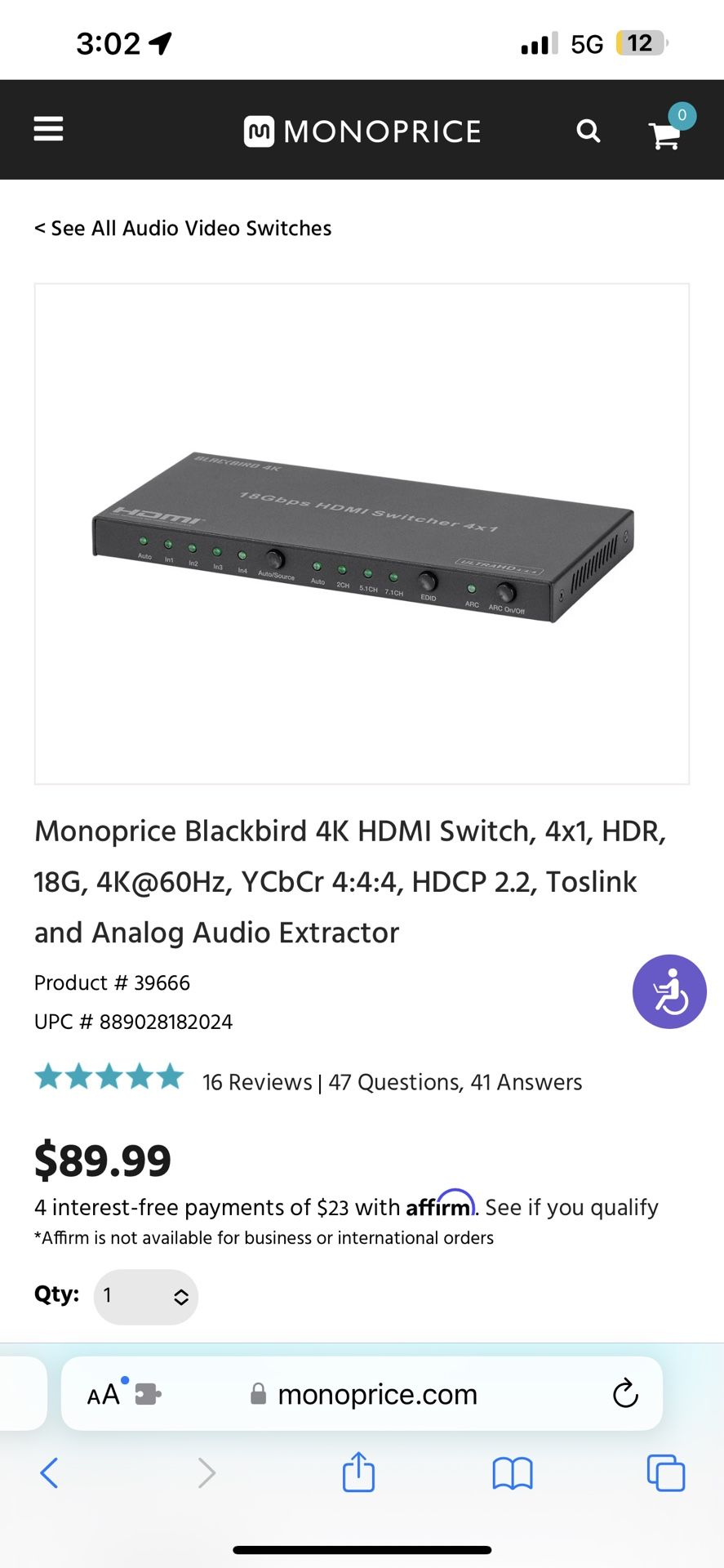 Monoprice Blackbird 4K HDMI Switch, 4x1, HDR, 18G, 4K@60Hz, YCbCr 4:4:4,  HDCP 2.2,
