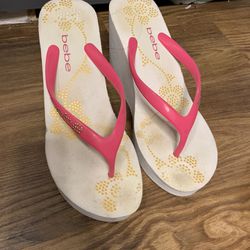 Bebe flip flops heels -size 10 (large) white/pink