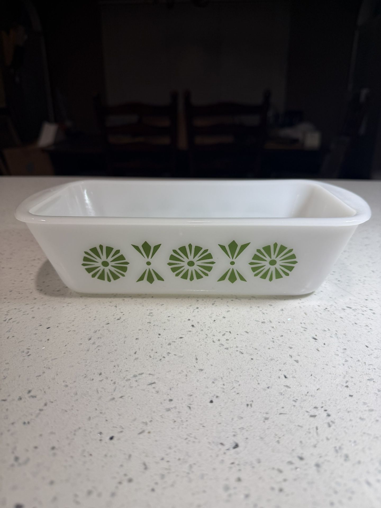 Vintage Glasbake Milk Glass Loaf Pan Dish J 522 1-1/2 Qt. w Green pinwheels