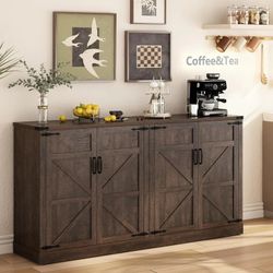 65" Large Farmhouse Buffets Cabinet w/Storage, 4 Barn Doors Coffee Bar Cabinet with Adjustable Shelves, Wood Sideboard Cabinet with Storage for Kitche