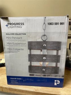 Progress Lighting Gulliver 1-Light Brushed Nickel Mini-Pendant with Weathered Gray Wood Accents