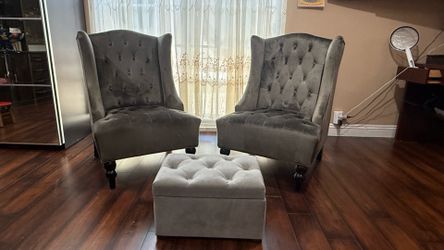 Pair of Gray Velvet Tufted Wingback Accent Chairs + Matching Storage Ottoman