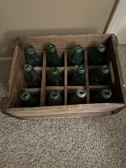 10 Vintage Codd Neck bottles with Marbles And Crate