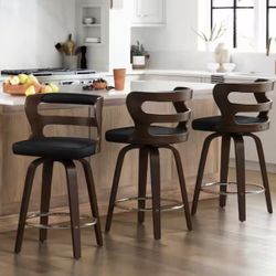 26 in. Black Faux Leather and Deep Walnut Wood Mid-Century Modern Swivel Counter Height Bar Stool (Set of 3)