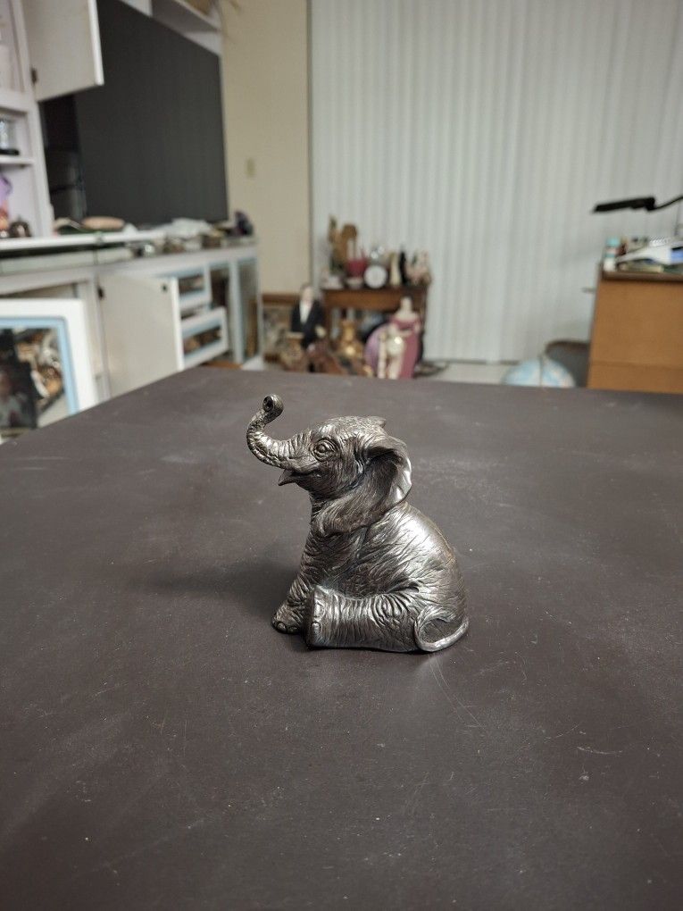 Small Heavy Metal Silver Sitting Elephant With Trunk Up 3.5"H