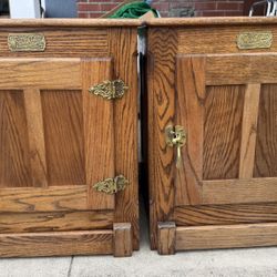Pair of Solid Oak, Antique White Clad Ice Box/End Table/Chest/Hutch/Cabinet by Simmons Hardware 
